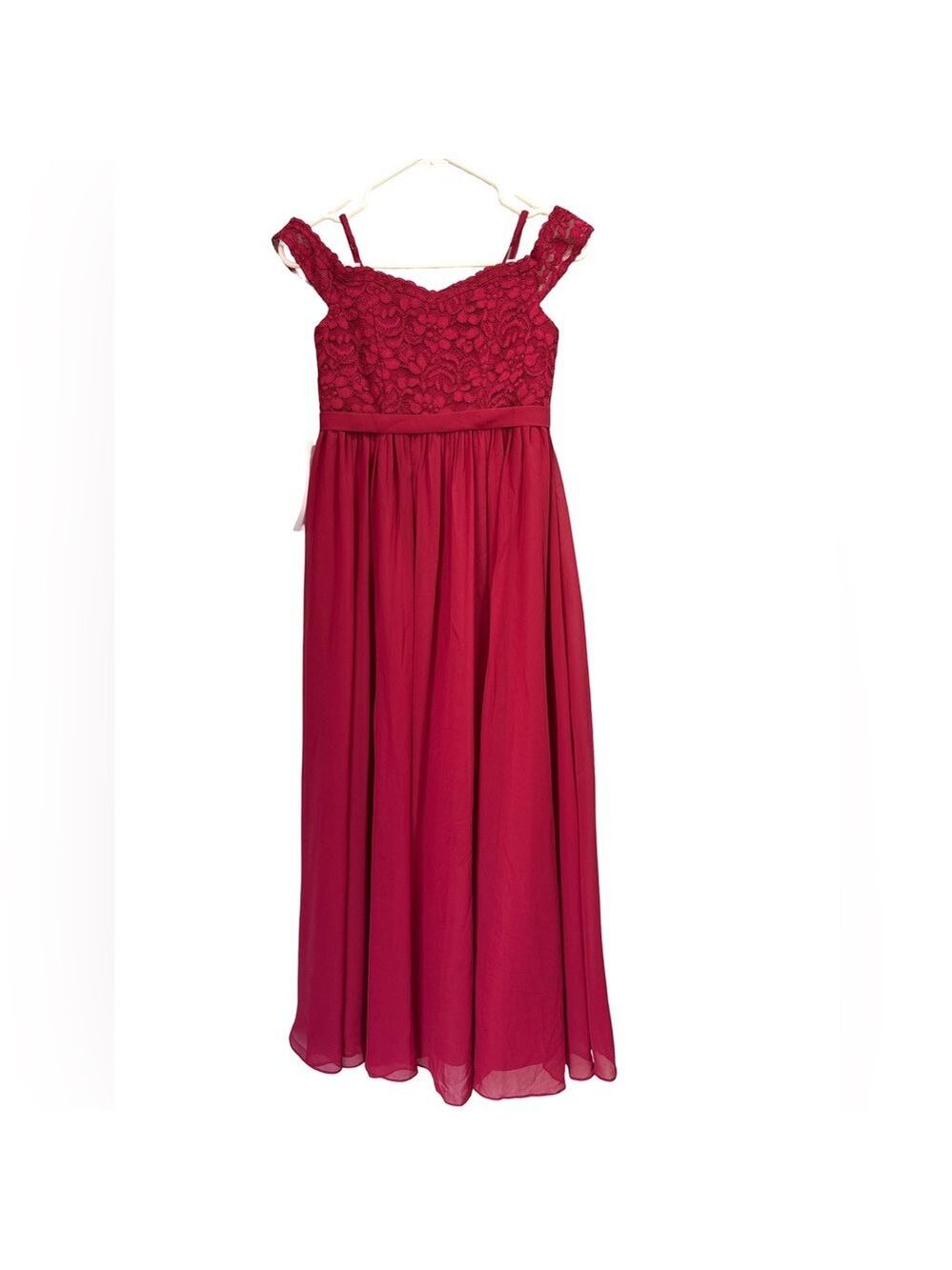 Azazie Girls Burgundy Off-Shoulder Floral Lace Bodice Formal Dress